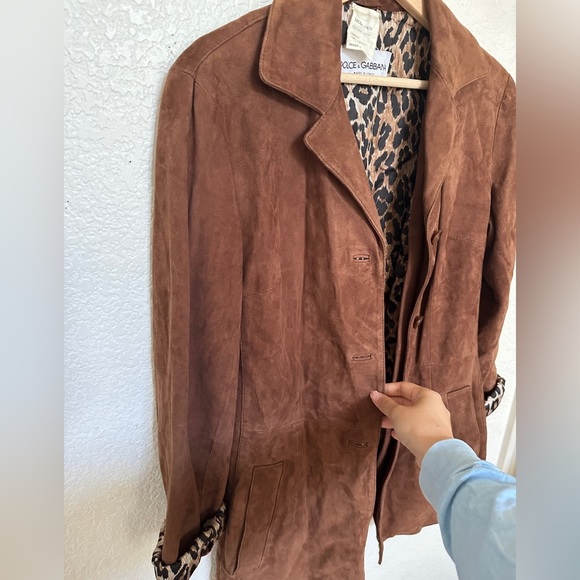Dolce & Gabbana VTG Brown Leather Suede Leopard Print Trench Jacket Coat Blazer - Picture 6 of 14